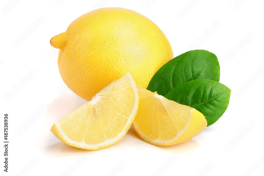 lemon and slice with leaf isolated on white background lemon and slice with leaf isolated on white background