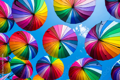 Colorful umbrellas background. The sky of colorful umbrellas