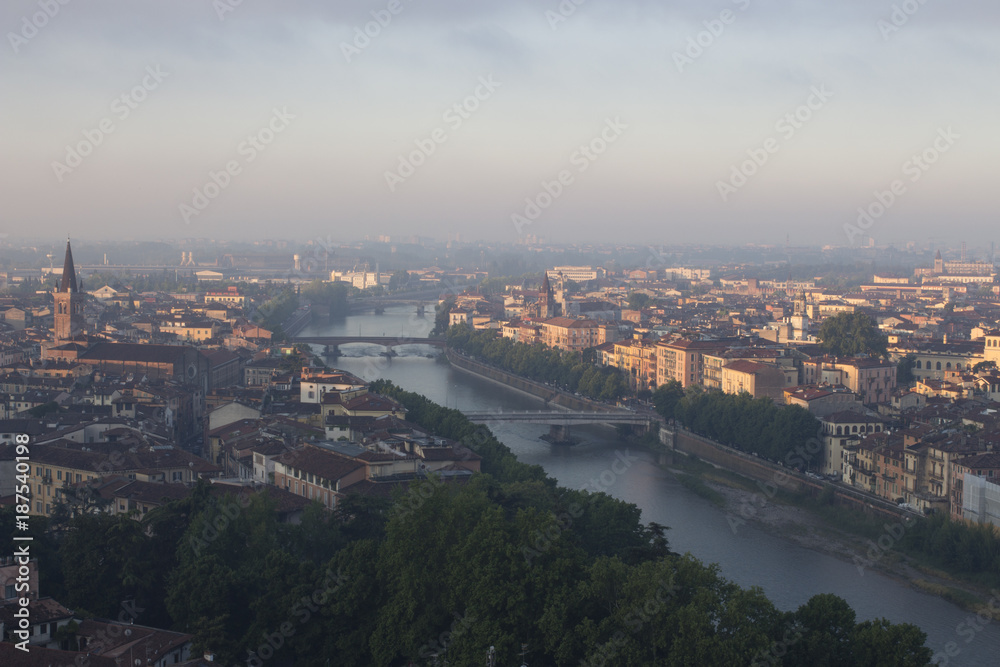 Obraz premium Verona's cityscape early in the morning. Roofs and buildings of the old Italian city.