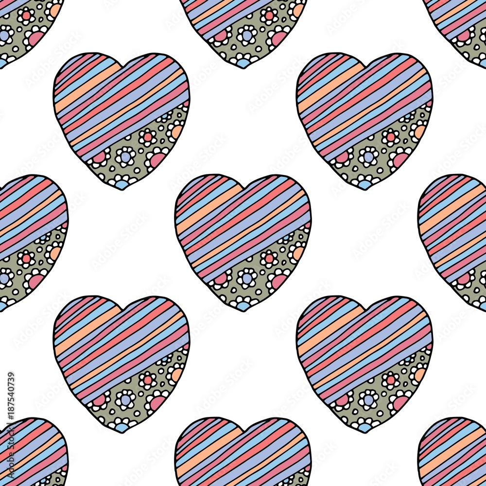 Obraz premium Simple hearts seamless vector pattern. Valentines day background. Flat design endless chaotic texture made of tiny heart silhouettes. Shades of colorful ilustration.