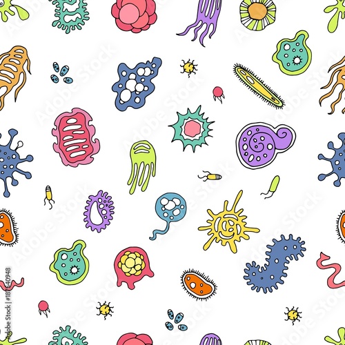 Infection bacteria and pandemic virus vector biology hand draw seamless pattern with icons. Illustration of bacteria and microbe organism allergen on white background