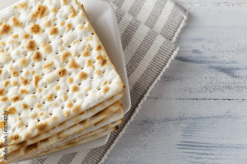 Jewish Matzah bread with wine for Passover holiday photo