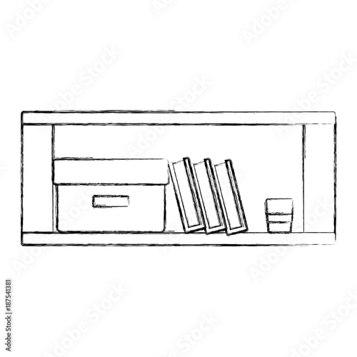 figure office wood shelf with books and box archive