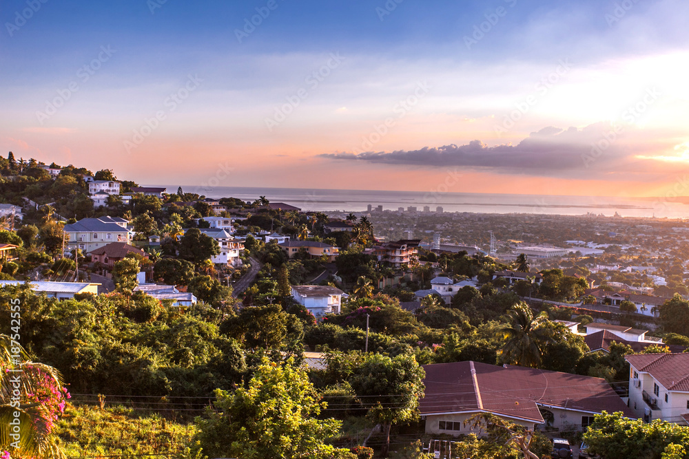 Kingston city hills in Jamaica sunset