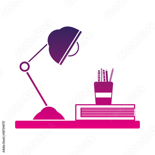 silhouette wood shelf with desk lamp and office utensils