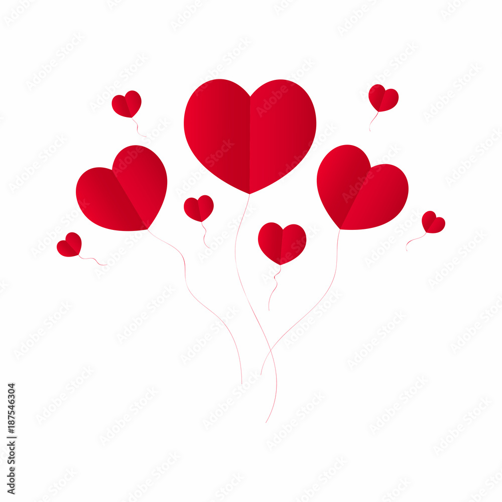 Valentine's day background with red hearts in origami style. Flying red hearts isolated on background