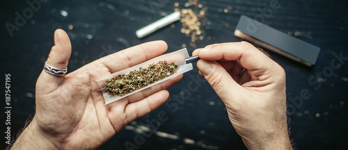 Bild auf Leinwand Preparing and rolling marijuana cannabis joint