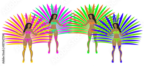 Girls in carnival costumes. Brazilian samba dancers. Rio de Janeiro women dancing. Isolated on white background. Vector illustration