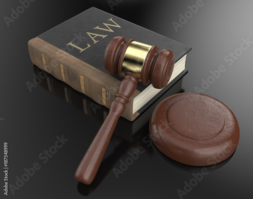  Justice. Worn Law book and hammer on black backgound surface. 3D render.