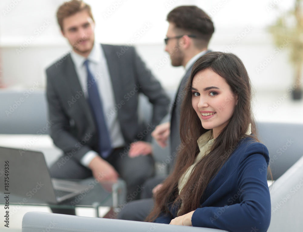 Portrait of smiling working girl in meeting. Portrait of smiling working girl in meeting.