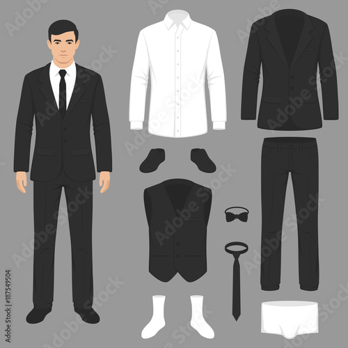 Valokuva vector illustration of a men fashion, suit uniform, jacket, pants, shirt and