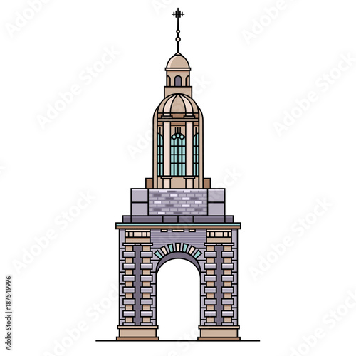 Trinity college bell tower flat color line illustration. Vector icon of top-rated landmark in Dublin, Ireland. Medieval european building in thin linear design for tourist books, brochures, maps.