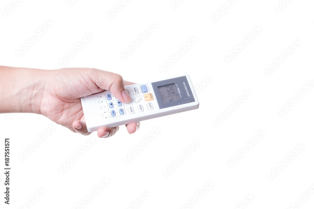 Hand holding air conditioner remote control adjust temperature to 25 degrees celsius Hand holding air conditioner remote control adjust temperature to 25 degrees celsius