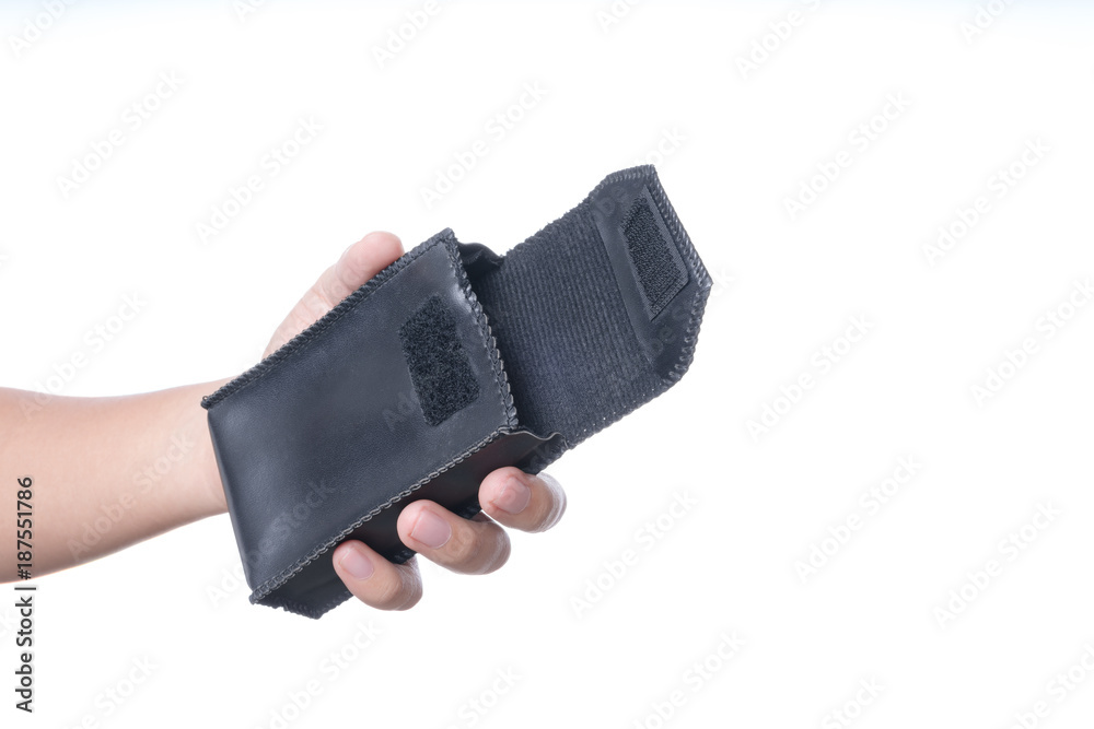 Hand holding leather pouch bag, a accessory equipment Hand holding leather pouch bag, a accessory equipment