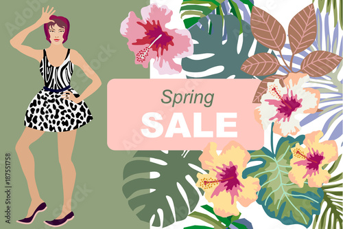 Spring sale card. Beautiful Asian girl and floral background.