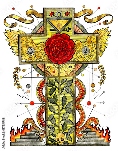 Watercolor illustration with rose, cross and mystic symbols isolated on white. Freemasonry and secret societies emblems, occult and spiritual mystic drawings. Tattoo fantasy design, new world order  photo