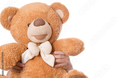 Hand holding brown cute fluffy teddy bear as a gift