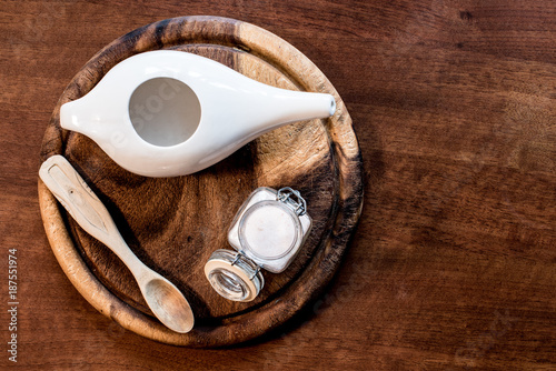 set for the use of neti pot, ayurvedic system for cleaning nose, from top view