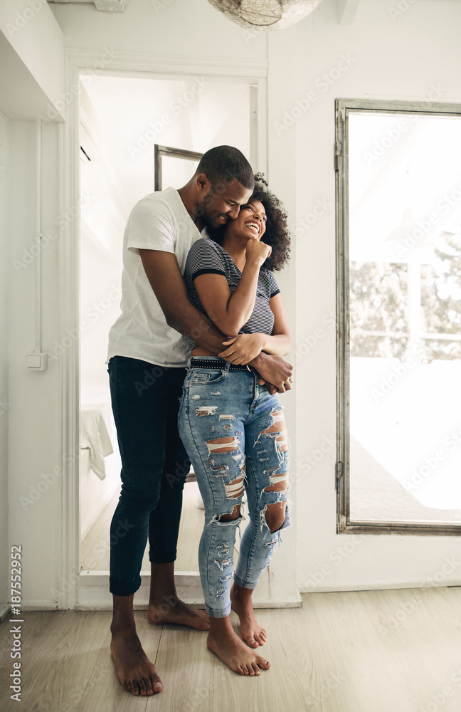 Loving Young Black Couple Embracing in Bed Stock Photo - Image of morning,  pleasant: 126799748