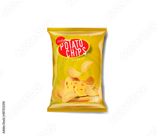Potato chips advertisement bag, double cheddar cheese flavor.