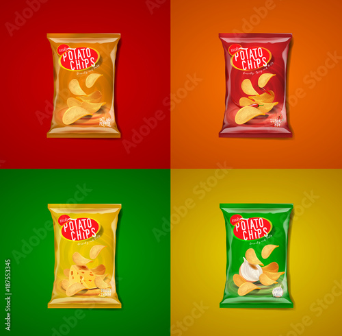 Potato chips advertisement bag, double cheddar cheese, spring onion, chilli spiccy pepper and salt flavor.