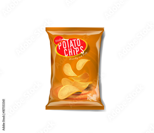 Potato chips advertisement bag, classic salt and pepper flavor.