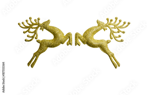 two golden reindeer isolated on white background, decoration christmas day. File contains a clipping path.