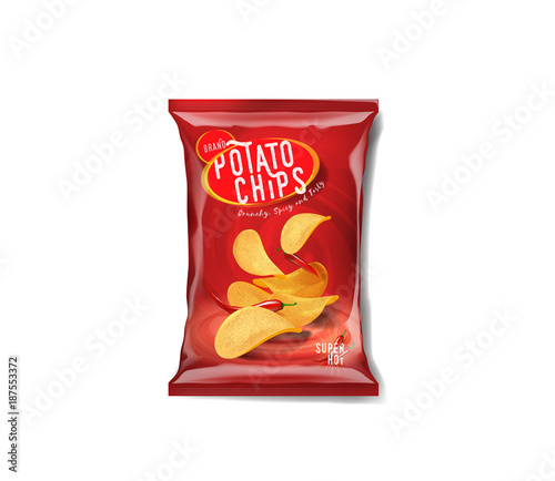 Potato chips advertisement bag, spicy chilli pepper flavor.
