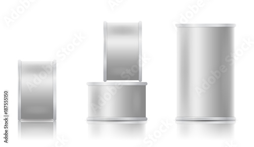 Tin can template set. Vector illustration of realistic packaging.