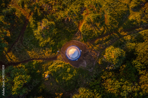 Aerial View over Fingal Head lighthouse at sunrise