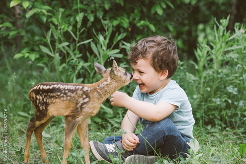 Little boy playing with fawn