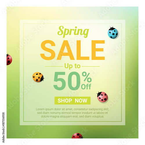 Spring sale banner with colorful ladybugs , vector , illustration