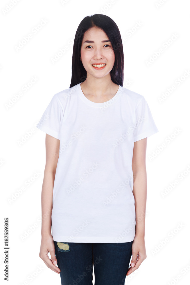 Fototapeta premium woman in white t-shirt isolated on white background