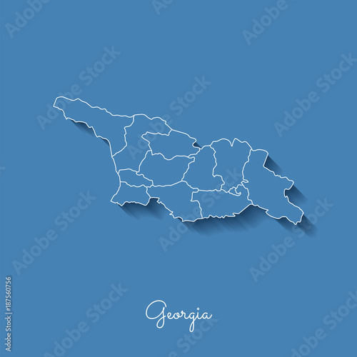 Georgia region map: blue with white outline and shadow on blue background. Detailed map of Georgia regions. Vector illustration.