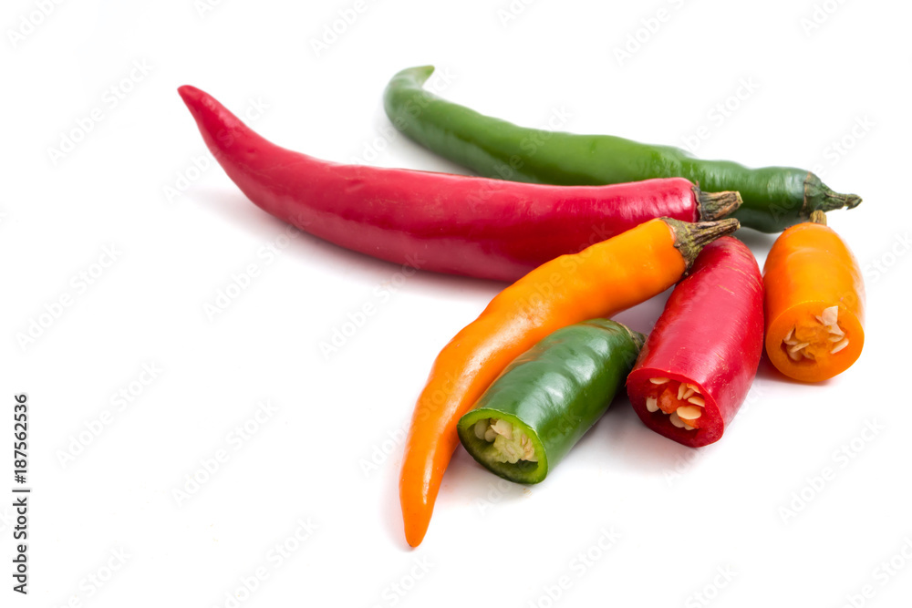 Colorful mix of chili pappers on white background. Colorful mix of chili pappers on white background.