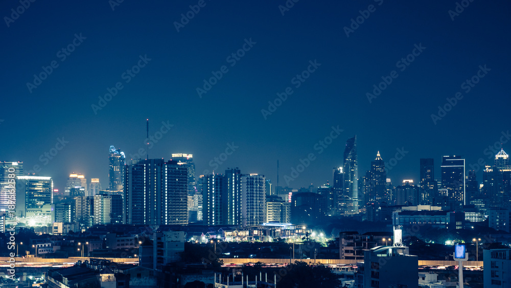 View of the business area in Bangkok at night, Bangkok is the capital of Thailand and is a popular tourist destination.