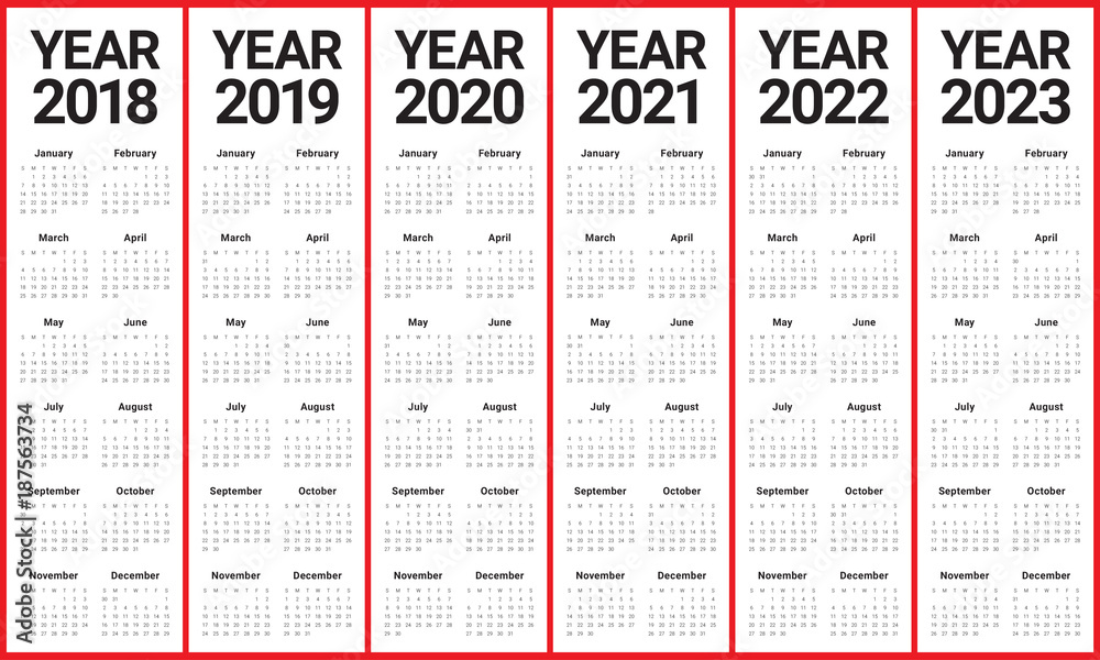 Year 2018 2019 2020 2021 2022 2023 Calendar Vector Stock Photo Adobe