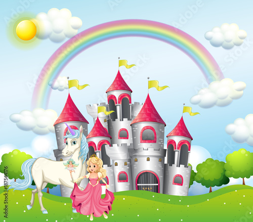 Background scene with princess and unicorn at pink castle