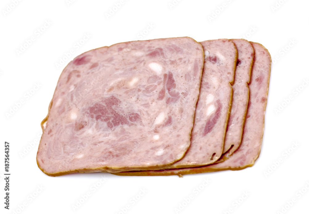 Sliced ham on white background.Fresh prosciutto.Pork ham sliced on white background Sliced ham on white background.Fresh prosciutto.Pork ham sliced on white background