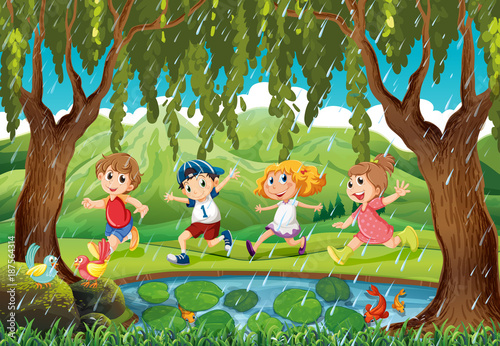 Fototapeta Naklejka Na Ścianę i Meble -  Raining scene with kids in forest