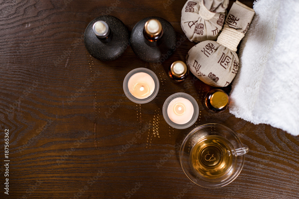 spa set on wooden table spa set on wooden table