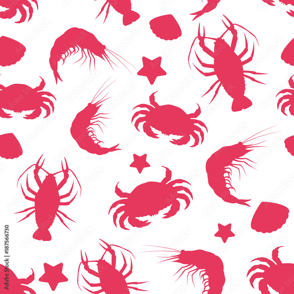 Vector seamless pattern with the image of a crawfish, crabs and shrimp Vector seamless pattern with the image of a crawfish, crabs and shrimp