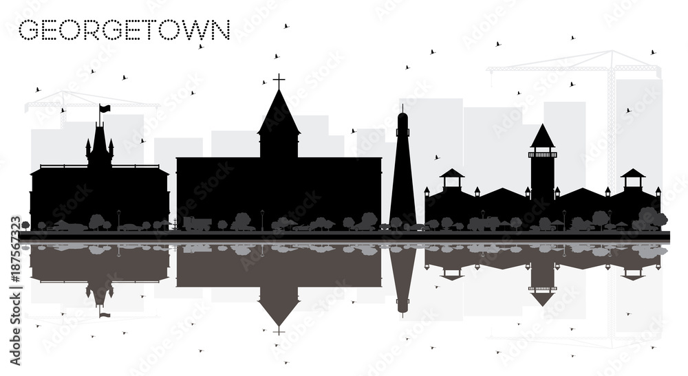 Georgetown Guyana City skyline black and white silhouette.