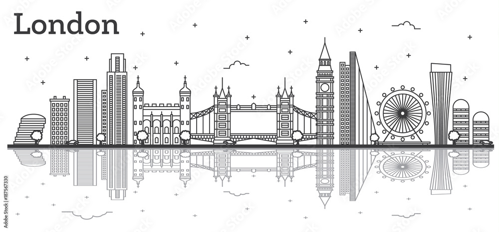Outline London England City Skyline with Modern Buildings and Reflections Isolated on White.