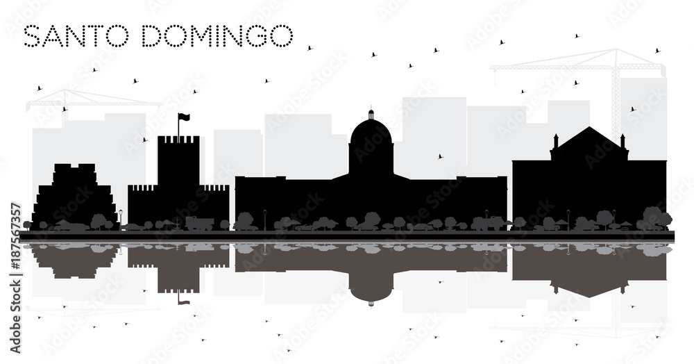 Santo Domingo Dominican Republic City skyline black and white silhouette with Reflections.