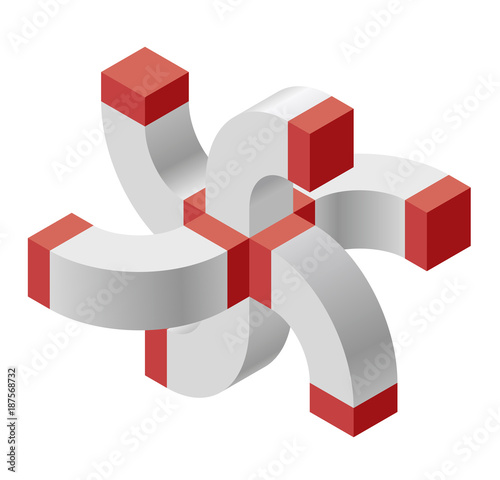 Abstract curved vector cross shape reminiscent of technological development, nanotechnology component. Red isometric brand of scientific institution, research center, laboratories, spatial paradox.