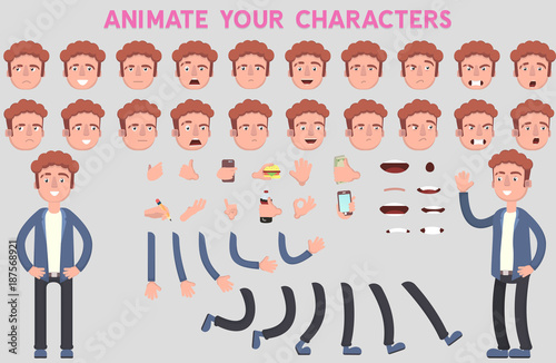 Flat Vector Guy character for your scenes. Character creation set with various views, face emotions, lip sync and poses. Parts of body template for design work and animation.
