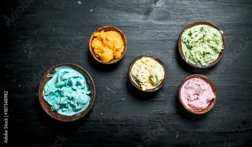 variety of fruit ice cream in a bowl.