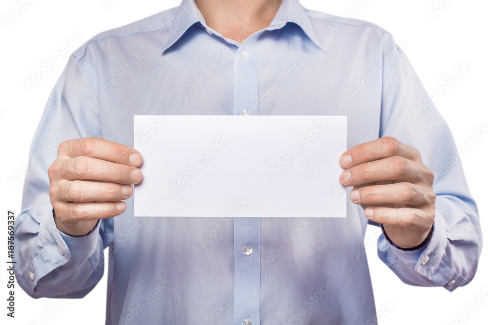 The men in the shirt are holding an empty white flyer. Isolated on white background. Mockup, template The men in the shirt are holding an empty white flyer. Isolated on white background. Mockup, template