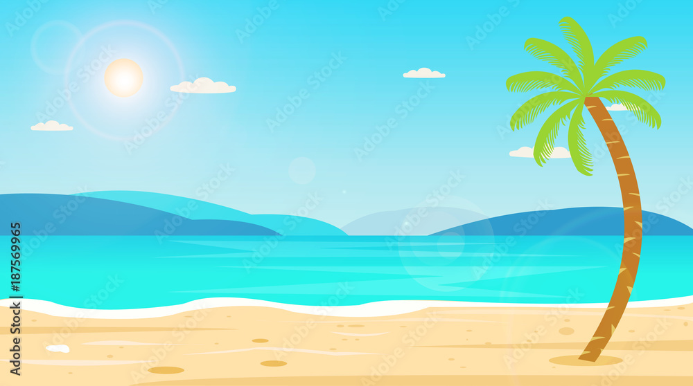 Tropical Beach Travel Holiday Vacation Leisure Nature Concept illustration.Beautiful seascape  and sky background.Travel concept.